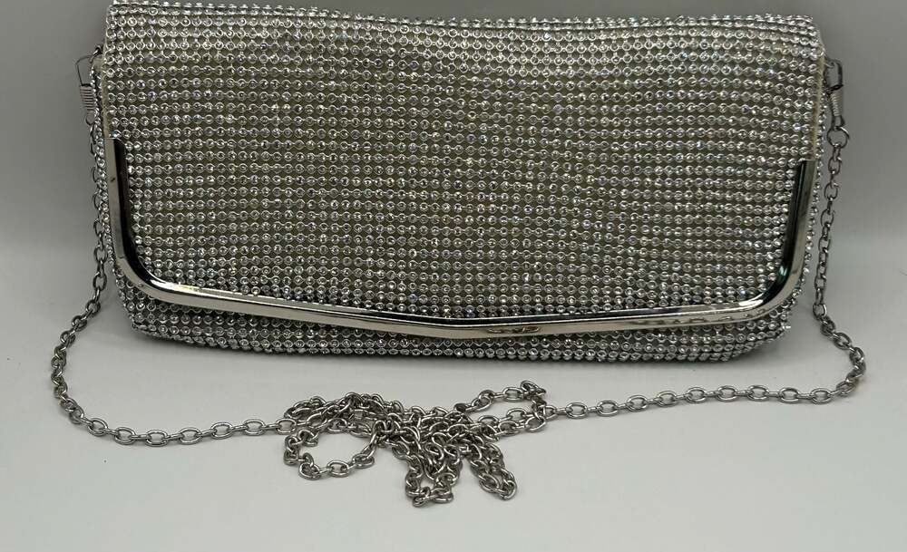 Lulu Townsend Silver Rhinestone Mesh Evening Clutch Handbag